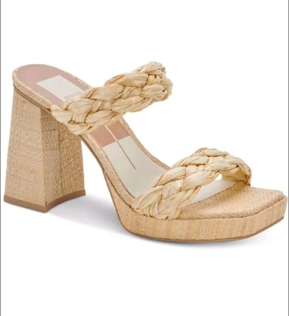 NWB Dolce Vita Ashby Raffia Block Heels Sandals Braided Light Natural Size 9.5